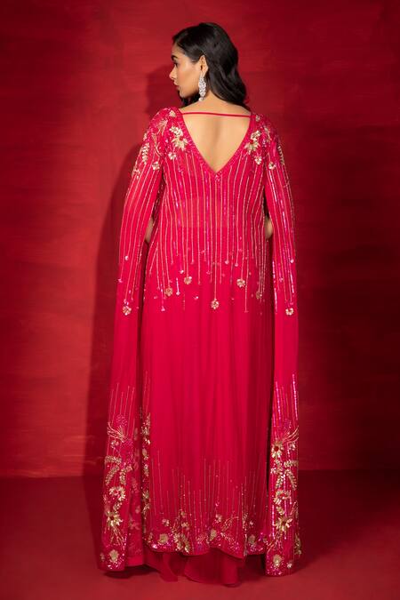 Shop_Miku Kumar_Fuchsia Georgette Hand Embroidered Zari Cape Open Palazzo Set  _Online_at_Aza_Fashions