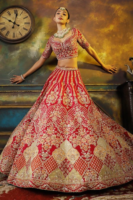Shop Pallavi Poddar Red Silk, Tulle Embroidery, Applique Sweetheart New Tokyo Bridal Lehenga Set at Aza Fashions Shop_Pallavi Poddar_Red Silk, Tulle Embroidery, Applique Sweetheart New Tokyo Bridal Lehenga Set _at_Aza_Fashions