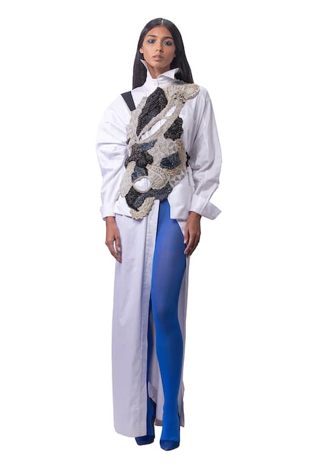 Shop AK-OK Blue Cotton, Lycra Beads Asymmetric Embellished Cut-out Holster at Aza Fashions Shop_AK-OK_Blue Cotton, Lycra Beads Asymmetric Embellished Cut-out Holster _at_Aza_Fashions