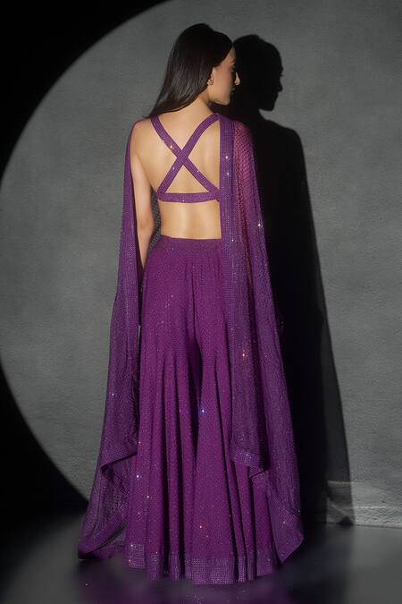 Shop_Itrh_Purple Italian Crepe And Silk Organza Lining Emma Bralette & Kalidar Sharara Set_at_Aza_Fashions