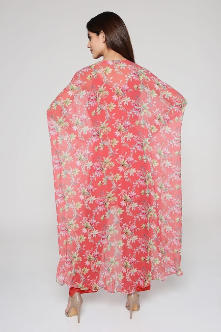 Shop Bha Sha Coral Georgette Mirrors, Embroidery V-neck Maana Print Kaftan Pant Set at Aza Fashions Shop_Bha Sha_Coral Georgette Mirrors, Embroidery V-neck Maana Print Kaftan Pant Set _at_Aza_Fashions