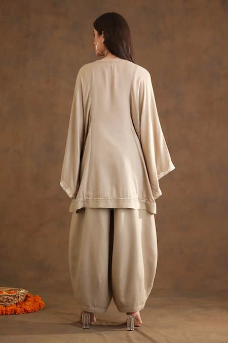 Shop_Nikasha_Beige Viscose Embroidery Keyhole Neck Bead Yoke Kaftan Dress _at_Aza_Fashions