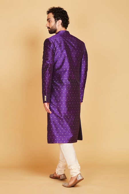Shop Amrin Khan Purple Raw Silk Sequin Embellished Sherwani Set at Aza Fashions Shop_Amrin Khan_Purple Raw Silk Sequin Embellished Sherwani Set _at_Aza_Fashions
