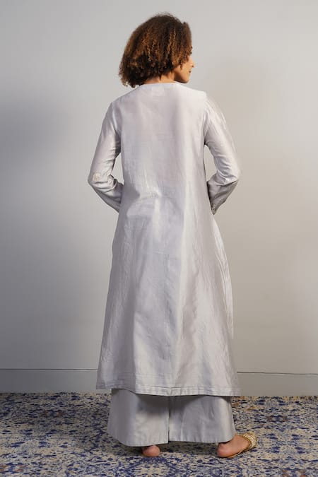 Shop Samant Chauhan Grey Cotton Silk Embroidered Floral Round Kurta And Pant Set at Aza Fashions Shop_Samant Chauhan_Grey Cotton Silk Embroidered Floral Round Kurta And Pant Set _at_Aza_Fashions