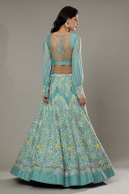 I Am Design_Blue Raw , Organza Peppermint Candy Embroidered Bridal Lehenga Set _Online_at_Aza_Fashions