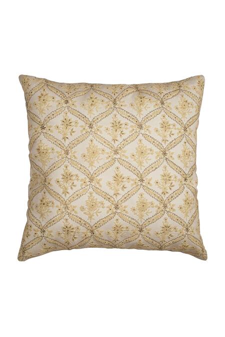 Shop Khaabka Gold Chanderi Silk Embroidery Geometric Floral Cushion Cover - Set Of 2 at Aza Fashions Shop_Khaabka_Gold Chanderi Silk Embroidery Geometric Floral Cushion Cover - Set Of 2_at_Aza_Fashions