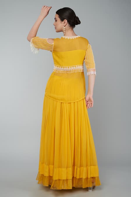 Shop Keith Gomes Yellow Georgette, Organza Beads, Embroidered Mustard Peplum Top And Skirt Set at Aza Fashions Shop_Keith Gomes_Yellow Georgette, Organza Beads, Embroidered Mustard Peplum Top And Skirt Set _at_Aza_Fashions