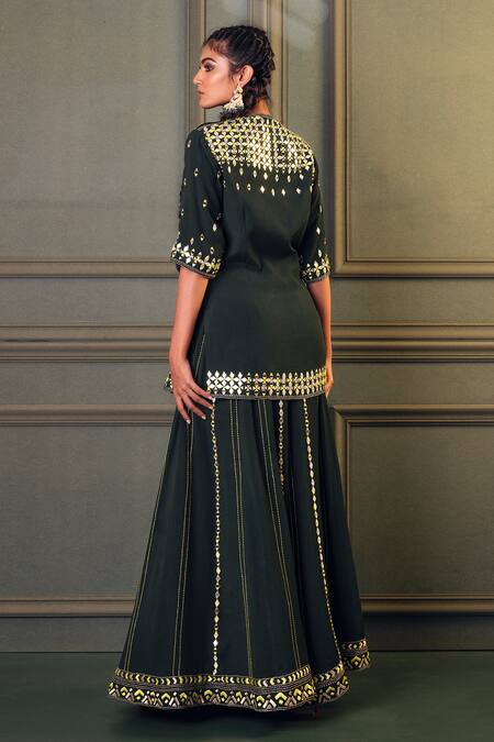 Shop Kaprapan By Anaita Shah Green Georgette, Modal Mirrors, Zari, Embroidery Round Neck Kurta Sharara Set at Aza Fashions Shop_Kaprapan By Anaita Shah_Green Georgette, Modal Mirrors, Zari, Embroidery Round Neck Kurta Sharara Set_at_Aza_Fashions