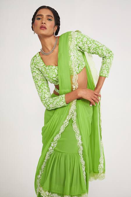 Shop Asaga Green Silk, Georgette Embroidery Sweetheart Flora Pre-draped Tiered Saree Set at Aza Fashions Shop_Asaga_Green Silk, Georgette Embroidery Sweetheart Flora Pre-draped Tiered Saree Set _at_Aza_Fashions