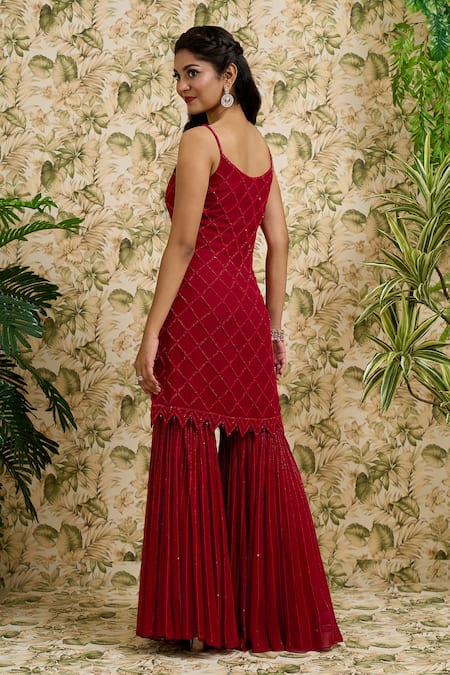 Shop_Ariyana By Aza_Red Viscose, Georgette, Net Sequins Scoop Neck Checkered Kurta Sharara Set _at_Aza_Fashions