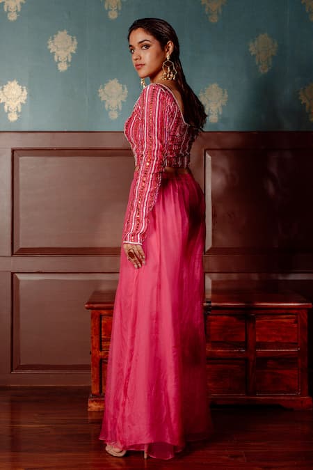 LAHARIO Embellished Sequin Blouse Flared Pant Set 