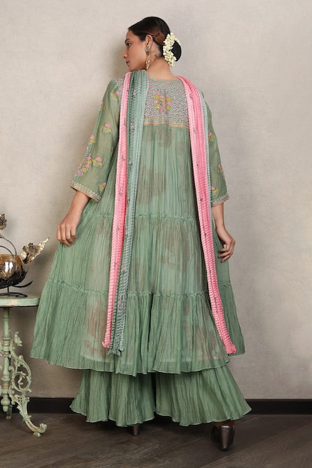Shop_Falguni.Foram_Green Kurta And Sharara Silk Chanderi Embroidery Thread V Neck Tiered Set _at_Aza_Fashions