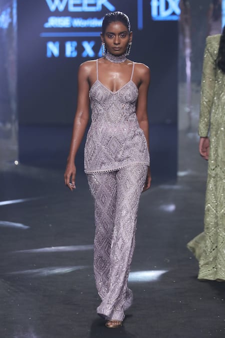 Shop Ritika Mirchandani Purple Net Embroidery Magen Geometric Cut-work Short Kurta With Pant at Aza Fashions Shop_Ritika Mirchandani_Purple Net Embroidery Magen Geometric Cut-work Short Kurta With Pant _at_Aza_Fashions