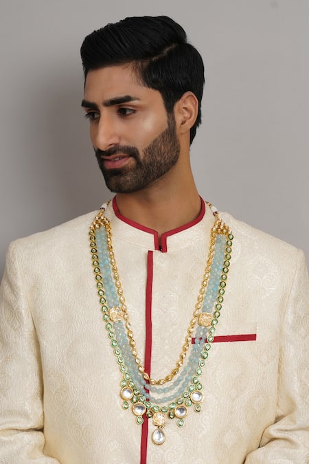 Shop Ruby Raang Blue Bead And Kundan Embellished Necklace at Aza Fashions Shop_Ruby Raang_Blue Bead And Kundan Embellished Necklace _at_Aza_Fashions