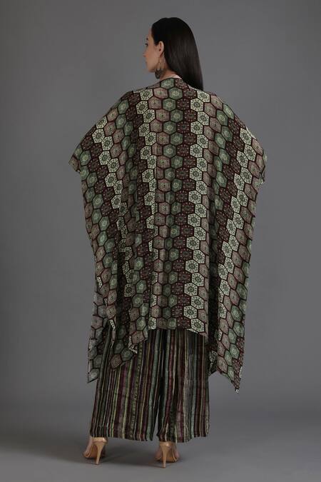 Shop Preeti S Kapoor Green Crepe Tassels V-neck Harmeen Flared Collage Print Kaftan With Pant at Aza Fashions Shop_Preeti S Kapoor_Green Crepe Tassels V-neck Harmeen Flared Collage Print Kaftan With Pant_at_Aza_Fashions