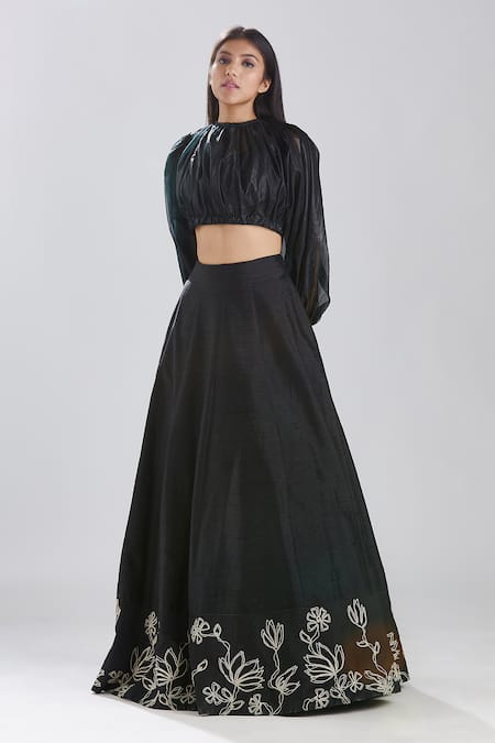 Shop_Megha Bansal_Black Raw , Organza Sequin And Cut Gulmohar Lehenga & Balloon Blouse Set _at_Aza_Fashions