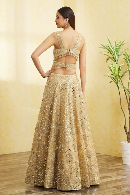 Shop Vandana Sethi Gold Organza Tassels, Embroidery, Mirrors, Gota Patti And Work Lehenga Set at Aza Fashions Shop_Vandana Sethi_Gold Organza Tassels, Embroidery, Mirrors, Gota Patti And Work Lehenga Set _at_Aza_Fashions