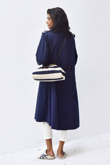 Shop Kharakapas Blue Poplin Collared Sage Trench Coat at Aza Fashions Shop_Kharakapas_Blue Poplin Collared Sage Trench Coat_at_Aza_Fashions