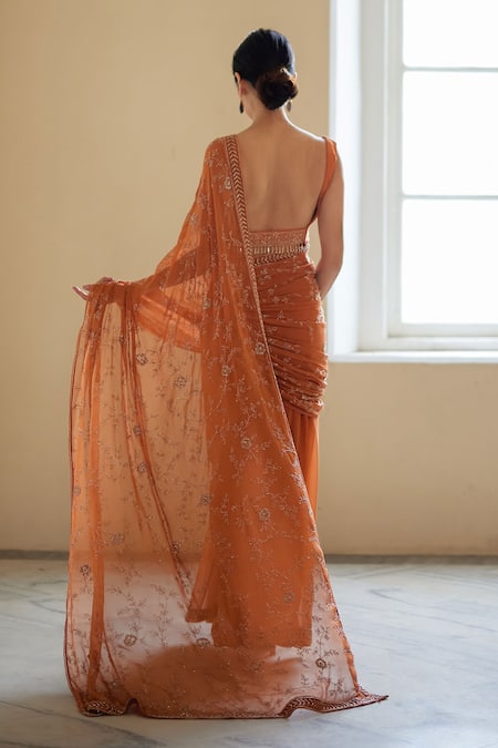 Shop Label Nimbus Orange Saree Georgette Hand Embroidered Salli Square Neck And Pre-draped Set at Aza Fashions Shop_Label Nimbus_Orange Saree Georgette Hand Embroidered Salli Square Neck And Pre-draped Set _at_Aza_Fashions