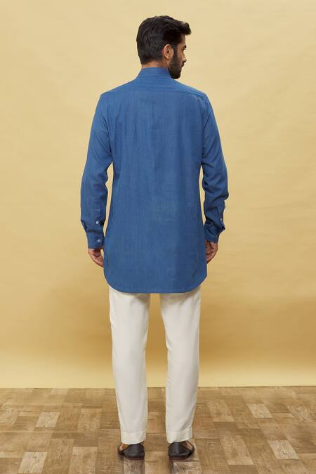Shop Aqube By Amber Blue Denim Collared Kurta at Aza Fashions Shop_Aqube By Amber_Blue Denim Collared Kurta_at_Aza_Fashions