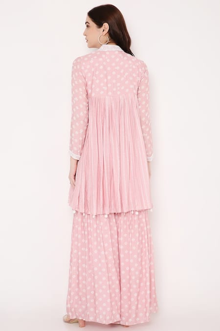 Shop Bha Sha Pink Muslin, Net Sequins, Beads Mandarin Dhruti Printed Short Kurta Sharara Set at Aza Fashions Shop_Bha Sha_Pink Muslin, Net Sequins, Beads Mandarin Dhruti Printed Short Kurta Sharara Set _at_Aza_Fashions