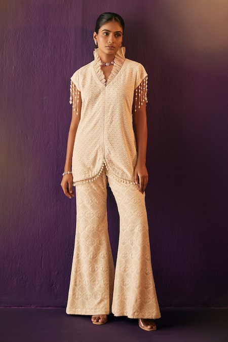 Shop_Evra By Nikita_Beige Georgette Tassels, Embroidery Collared Thread Tunic And Pant Set _at_Aza_Fashions