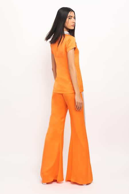 Shop Neora By Nehal Chopra Orange Bamboo, Silk Collared Side Paneled Pant Set at Aza Fashions Shop_Neora By Nehal Chopra_Orange Bamboo, Silk Collared Side Paneled Pant Set _at_Aza_Fashions