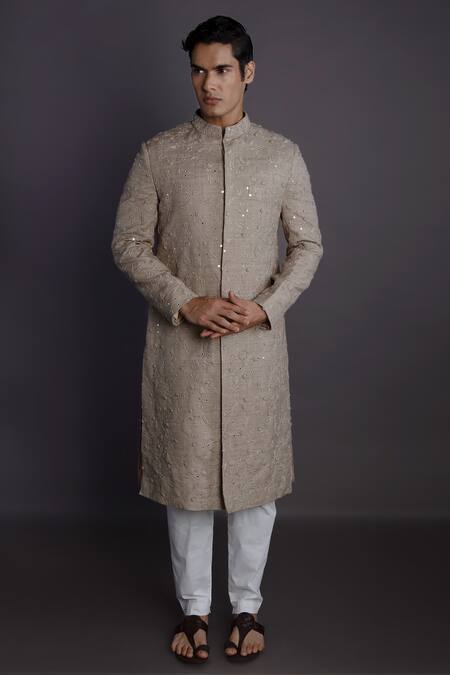 Shop_GRAM OF INK_Beige Matka Silk Embroidery Thread Mirror Work Sherwani Set_at_Aza_Fashions