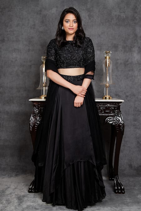 Shop Sunita Bhandari Black Viscose, Georgette Sequins, Layered Lehenga Hand Embroidered Blouse Set at Aza Fashions Shop_Sunita Bhandari_Black Viscose, Georgette Sequins, Layered Lehenga Hand Embroidered Blouse Set _at_Aza_Fashions