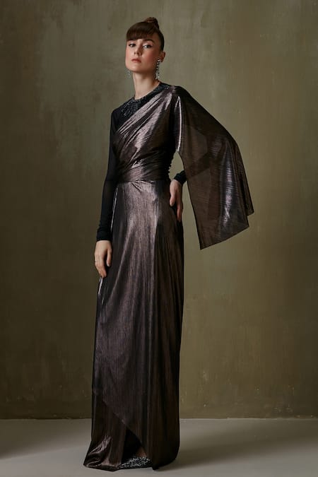 Shop Namrata Joshipura Brown Jersey Chain Streak Grecian Gown at Aza Fashions Shop_Namrata Joshipura_Brown Jersey Chain Streak Grecian Gown_at_Aza_Fashions