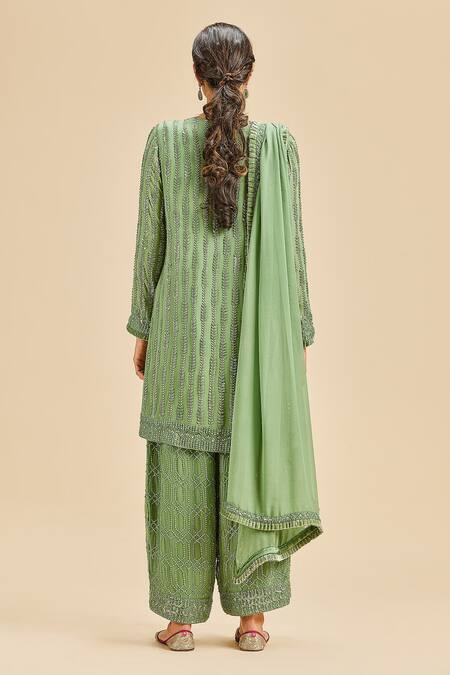Shop Nitika Gujral Green Georgette Embroidery Bead Round Kurta Palazzo Set at Aza Fashions Shop_Nitika Gujral_Green Georgette Embroidery Bead Round Kurta Palazzo Set _at_Aza_Fashions