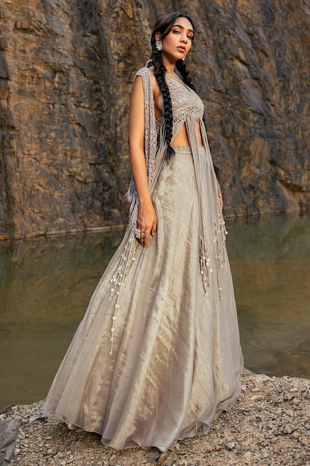 Shop_Nandita Thirani_Grey Gold Brocade Halter Neck Crochet Jacket And Circular Skirt Set  _at_Aza_Fashions