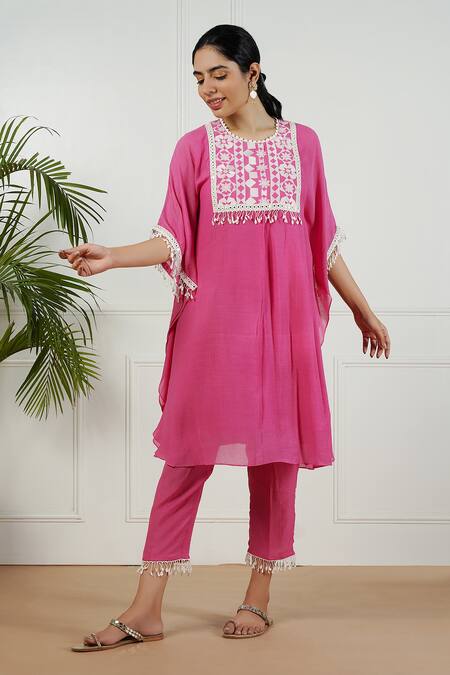 Shop OMI Pink Linen, Crepe Embroidery, Lace Round Neck Floral Yoke Kaftan And Pant Set at Aza Fashions Shop_OMI_Pink Linen, Crepe Embroidery, Lace Round Neck Floral Yoke Kaftan And Pant Set_at_Aza_Fashions