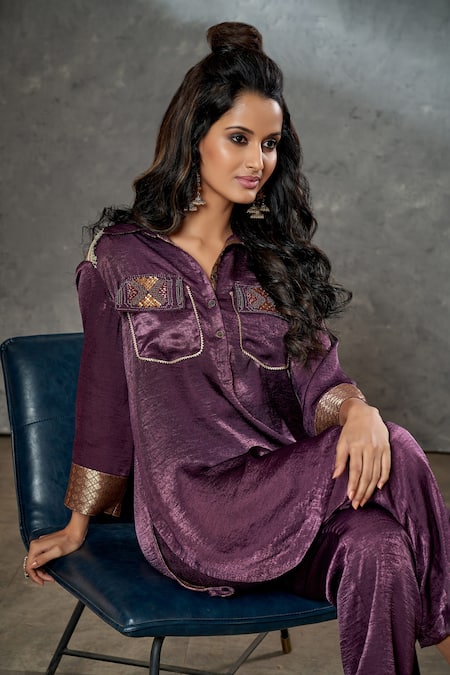 Shop Aditi Somani Wine Silk Suede Sequins, Beads And Thread Work Shirt Embroidered & Pant Set at Aza Fashions Shop_Aditi Somani_Wine Silk Suede Sequins, Beads And Thread Work Shirt Embroidered & Pant Set _at_Aza_Fashions