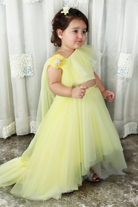Shop_Darleen Kids Couture_Yellow Net, Satin, Taffeta Beads, Embroidery Embellished Ruffled Top And Skirt Set _at_Aza_Fashions
