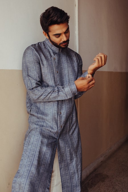 Shop Ankita Shahabadi Blue Silk Print And Embroidery Geometric Kurta Set at Aza Fashions Shop_Ankita Shahabadi_Blue Silk Print And Embroidery Geometric Kurta Set _at_Aza_Fashions