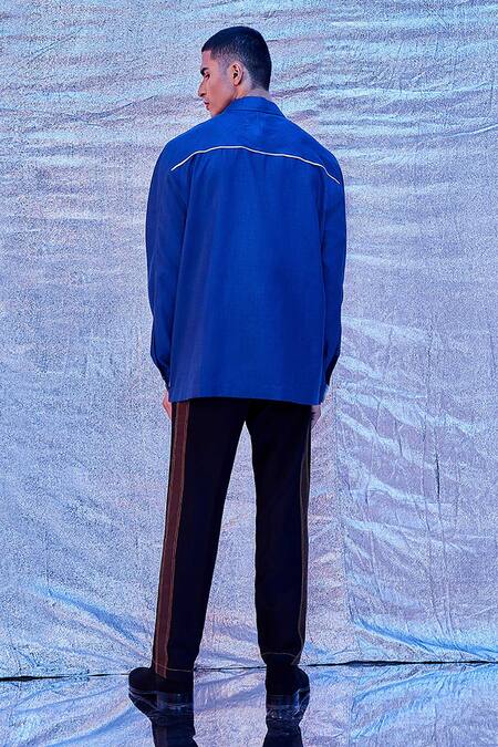 Shop Line Out Line Blue Cotton Streamline Patchwork Shirt at Aza Fashions Shop_Line Out Line_Blue Cotton Streamline Patchwork Shirt_at_Aza_Fashions