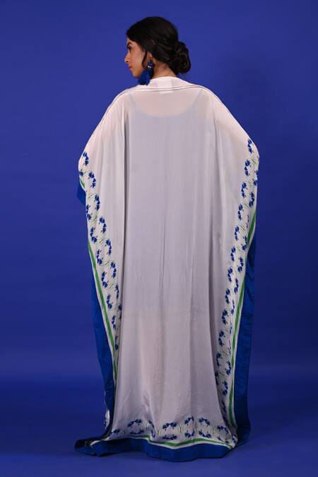 Shop Rimi Nayak White Modal, Crepe Embroidery Round Neck Floral Print Kaftan at Aza Fashions Shop_Rimi Nayak_White Modal, Crepe Embroidery Round Neck Floral Print Kaftan _at_Aza_Fashions