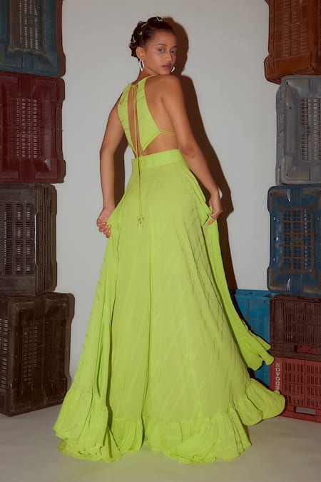 Nirmooha_Green Georgette Tassels Plunge Neck Asymmetric Ruffled Hem Dress _Online_at_Aza_Fashions