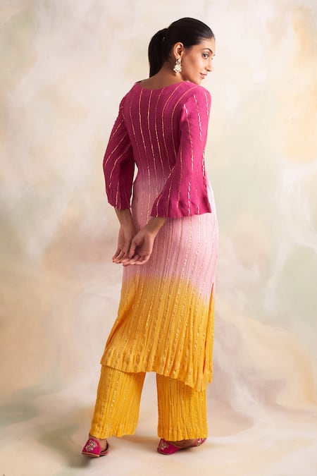 Shop_Palak & Mehak_Pink Rayon Crepe Striped V Neck Ombre Kurta And Pant Set _at_Aza_Fashions