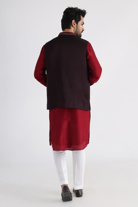 Smriti By Anju Agarwal Brown Leaf Embroidered Nehru Jacket 