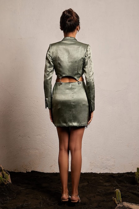 Shop Pocket Stories Green Satin Collared Blazer Crop Top And Detachable Skirt Set at Aza Fashions Shop_Pocket Stories_Green Satin Collared Blazer Crop Top And Detachable Skirt Set _at_Aza_Fashions