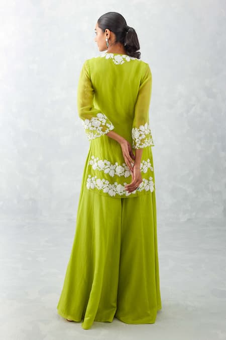 Devnaagri Green Silk Organza, Cotton Satin Embroidery, Front Slit Kurta Sharara Set Online at Aza Fashions Devnaagri_Green Silk Organza, Cotton Satin Embroidery, Front Slit Kurta Sharara Set _Online_at_Aza_Fashions