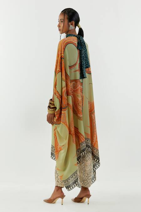 Shop Aseem Kapoor Green Crepe, Satin, Linen Round Neck Ritu Printed Kaftan Tunic And Trouser Set at Aza Fashions Shop_Aseem Kapoor_Green Crepe, Satin, Linen Round Neck Ritu Printed Kaftan Tunic And Trouser Set_at_Aza_Fashions