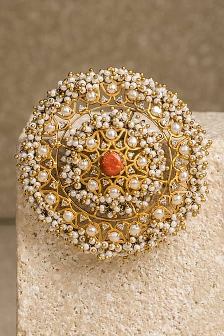 Shop_Tarun Tahiliani_Coral Fresh Water Pearls Round Embellished Stud Earrings _at_Aza_Fashions