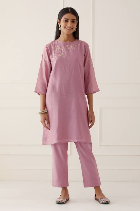 Shop Kamaltaas Purple Chanderi Silk Embroidery Round Neck Neckline A-line Kurta And Pant Set at Aza Fashions Shop_Kamaltaas_Purple Chanderi Silk Embroidery Round Neck Neckline A-line Kurta And Pant Set_at_Aza_Fashions