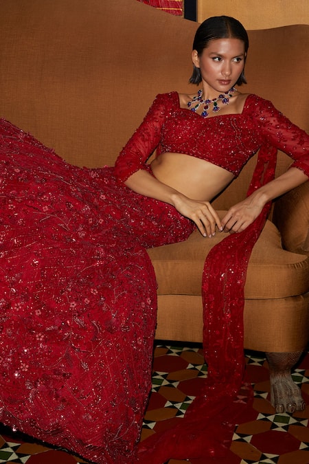 Shop Nadine Dhody Red Tulle Sequins, Crystals Athena Flower Hand Embroidered Bridal Lehenga Set at Aza Fashions Shop_Nadine Dhody_Red Tulle Sequins, Crystals Athena Flower Hand Embroidered Bridal Lehenga Set _at_Aza_Fashions