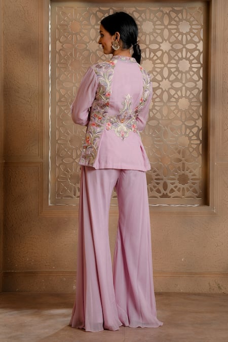 Shop Omana By Ranjana Bothra Purple Organza, Georgette, Viscose, Mayoor Peplum Jacket And Bell Bottom Pant Set at Aza Fashions Shop_Omana By Ranjana Bothra_Purple Organza, Georgette, Viscose, Mayoor Peplum Jacket And Bell Bottom Pant Set _at_Aza_Fashions