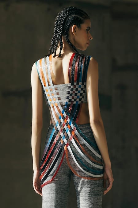 Shop Akhl Multi Color Tulle Woven Fringe Square Neck Interwoven Top at Aza Fashions Shop_Akhl_Multi Color Tulle Woven Fringe Square Neck Interwoven Top _at_Aza_Fashions