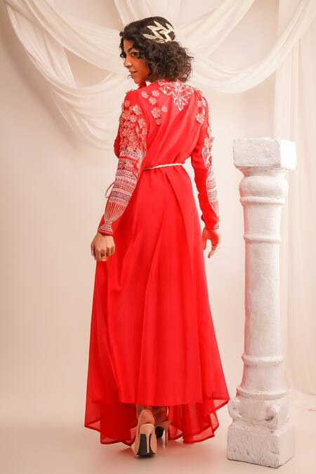 Shop Jajaabor Coral Silk Chanderi Embroidery Athena Cowl Neck Bodice Angrakha And Pant Set at Aza Fashions Shop_Jajaabor_Coral Silk Chanderi Embroidery Athena Cowl Neck Bodice Angrakha And Pant Set _at_Aza_Fashions